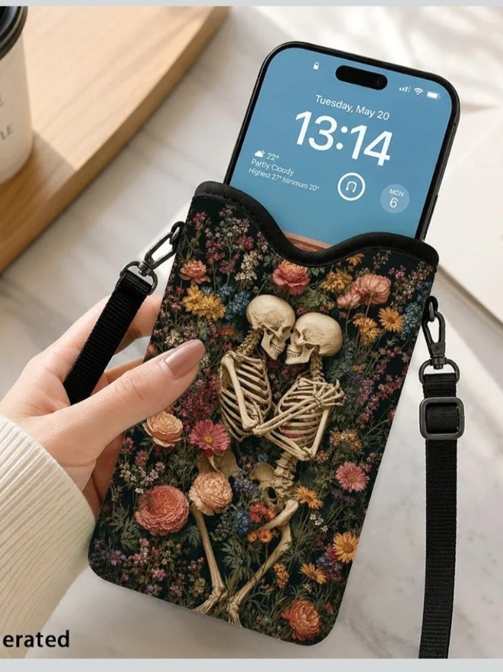Floral Skeleton Crossbody Phone Pouch - Black Strap - Picture 5 of 6